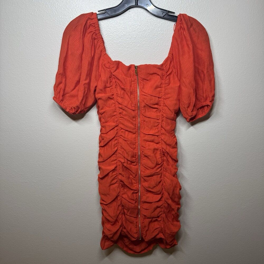 Moon River Ruched Puff Shoulder Bodycon Mini Dress in Red/Orange Women’s Size XS - Picture 6 of 8